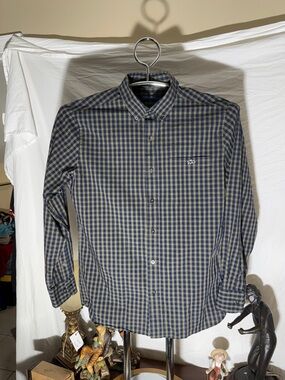 Men's Button-Down Check Shirt in Navy and Tan - Casual Long Sleeve